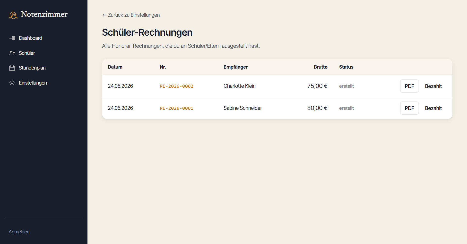 Notenzimmer-Übersicht der gestellten Honorarrechnungen mit Status, Betrag und Schüler-Name
