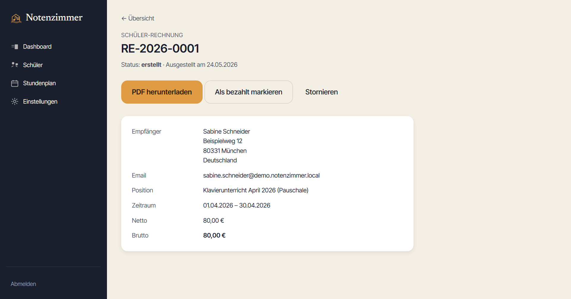 Vorschau einer Honorarrechnung PDF mit Aussteller-Block, Empfänger, Leistungs-Beschreibung und Steuer-Block