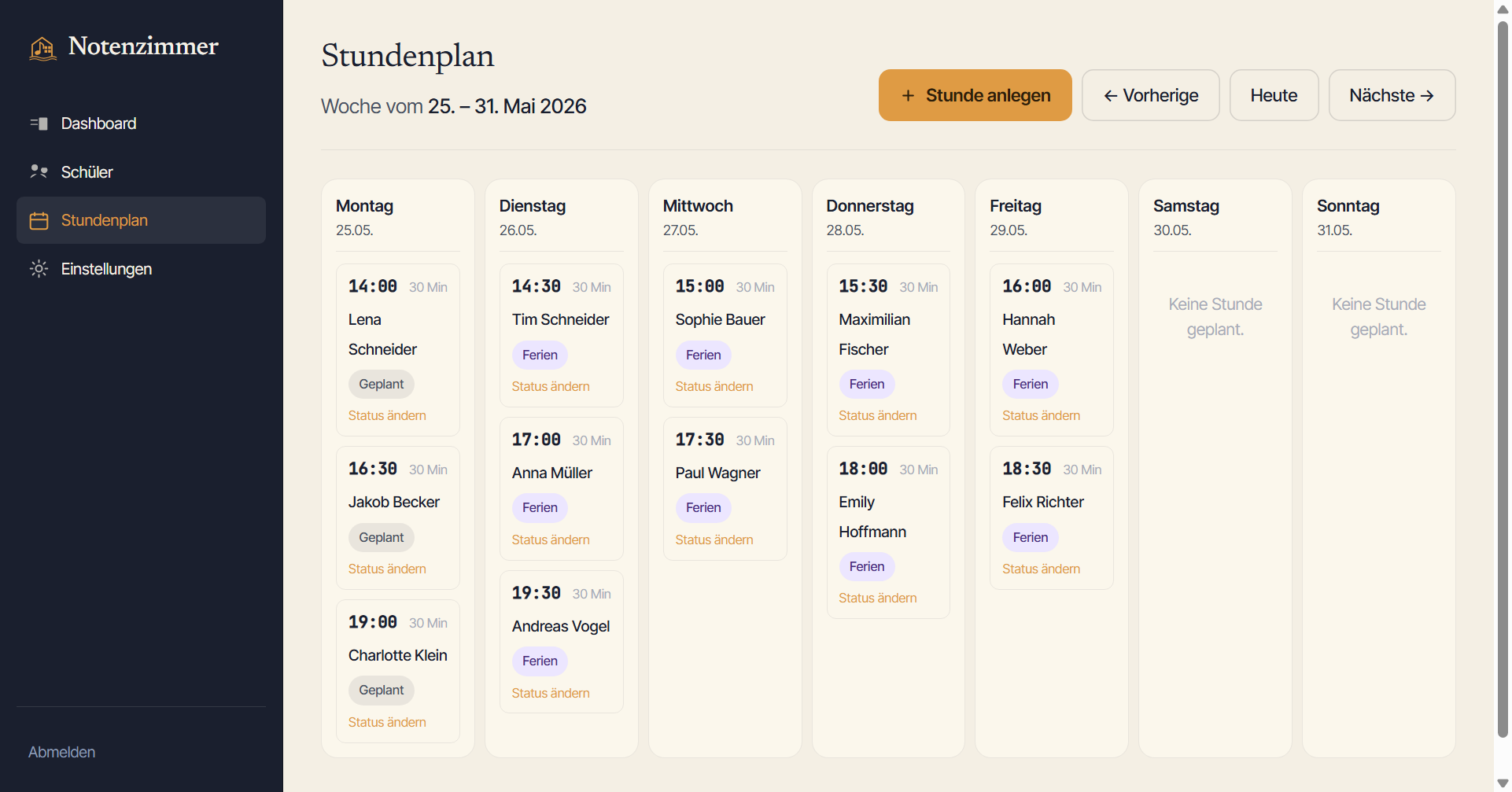 Wochen-Ansicht des Notenzimmer-Stundenplans mit wiederkehrenden Terminen